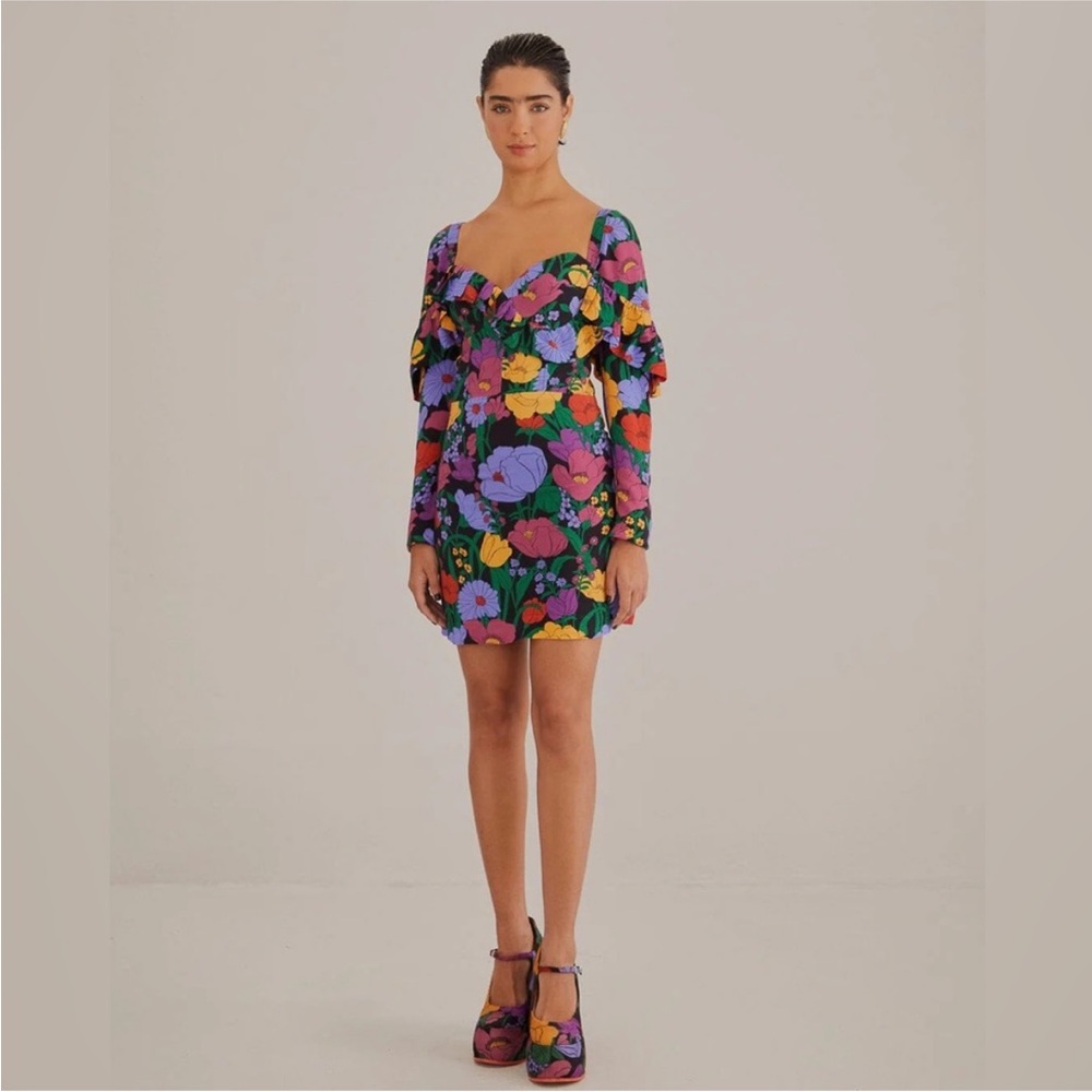 FARM RIO Black Bucolic Garden Long Sleeve Mini Dress